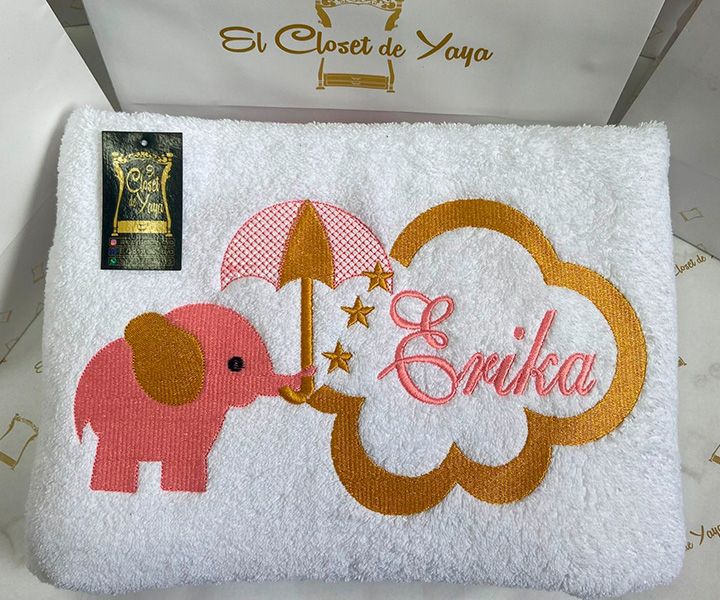 Toalla personalizada para bebe de elefante sombrilla rosada - 357